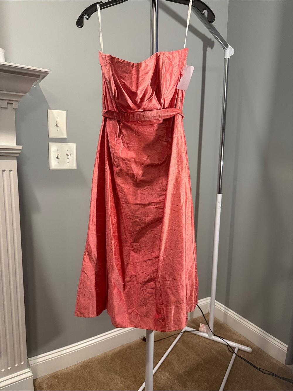 Strapless Coral Midi Dress with Defined Waist
